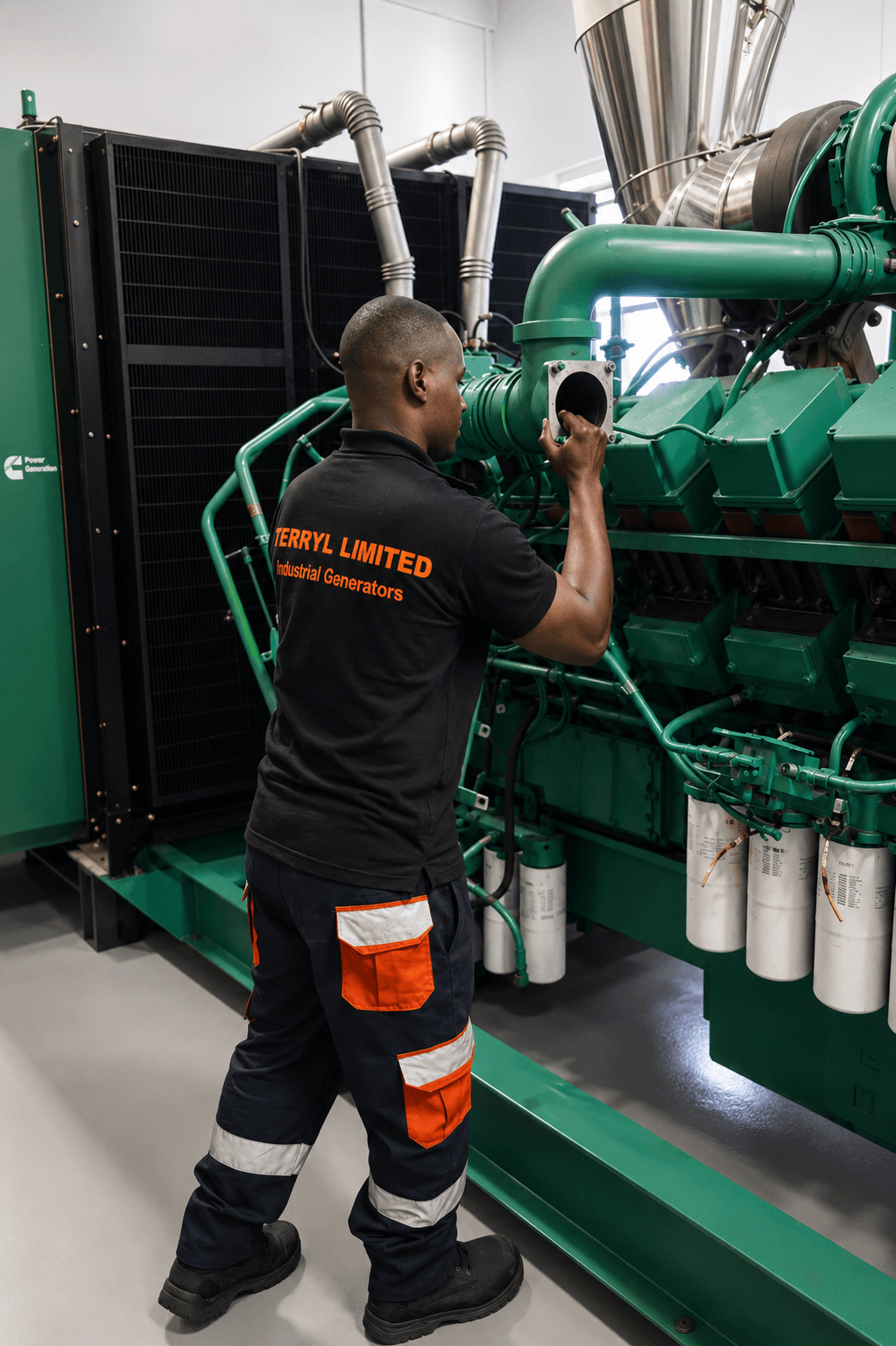 Terryl technician inspecting industrial generator components