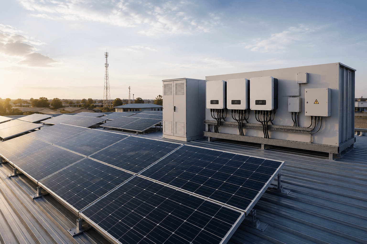 Rooftop PV solar array with inverter and electrical control equipment