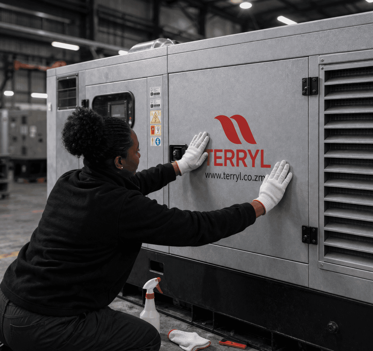 Technician working on a Terryl enclosed diesel generator