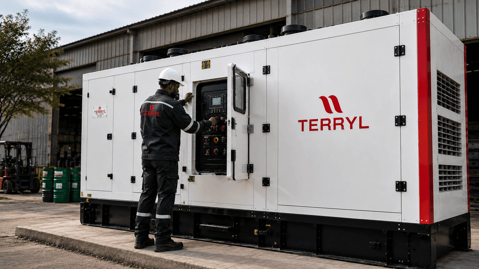 Terryl technician servicing an enclosed generator on site