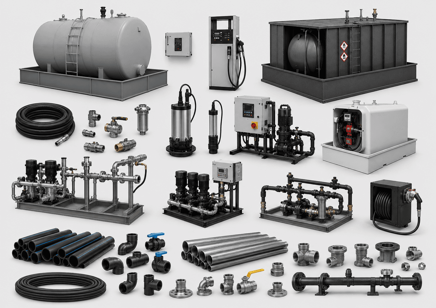 Fuel storage tanks, pumps, pipework, valves, hoses, and monitoring components for reticulation systems
