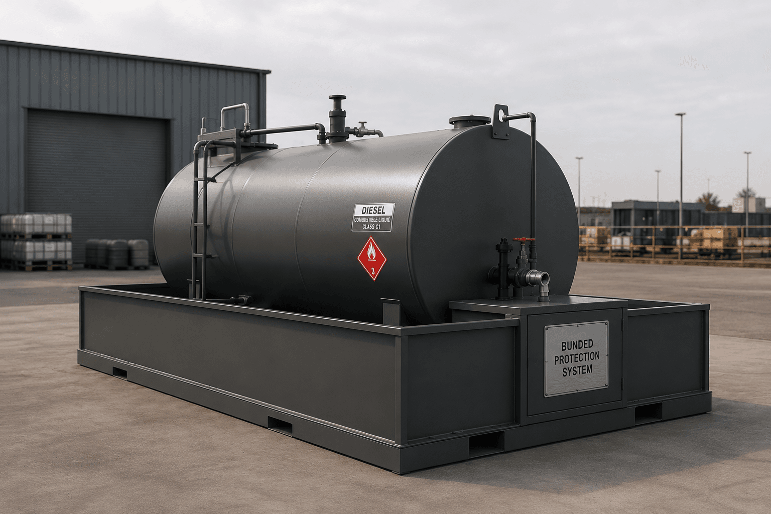 Bunded diesel fuel storage tank for industrial fuel reticulation