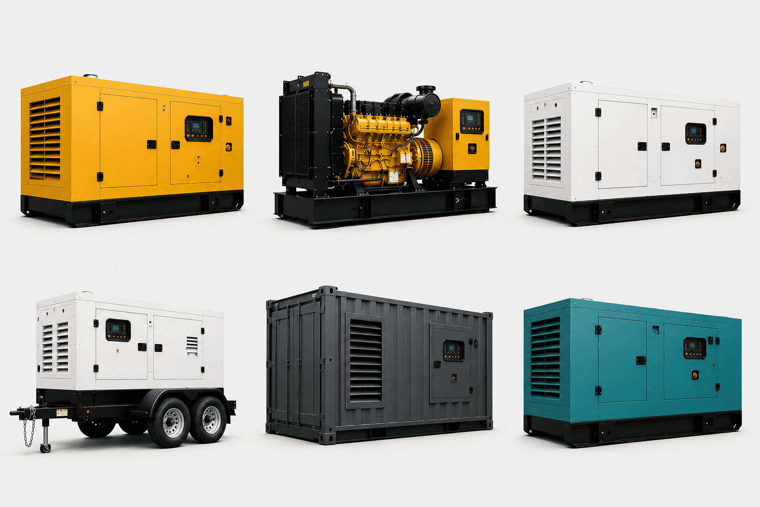 Open, enclosed, trailer-mounted, and containerized generator configurations
