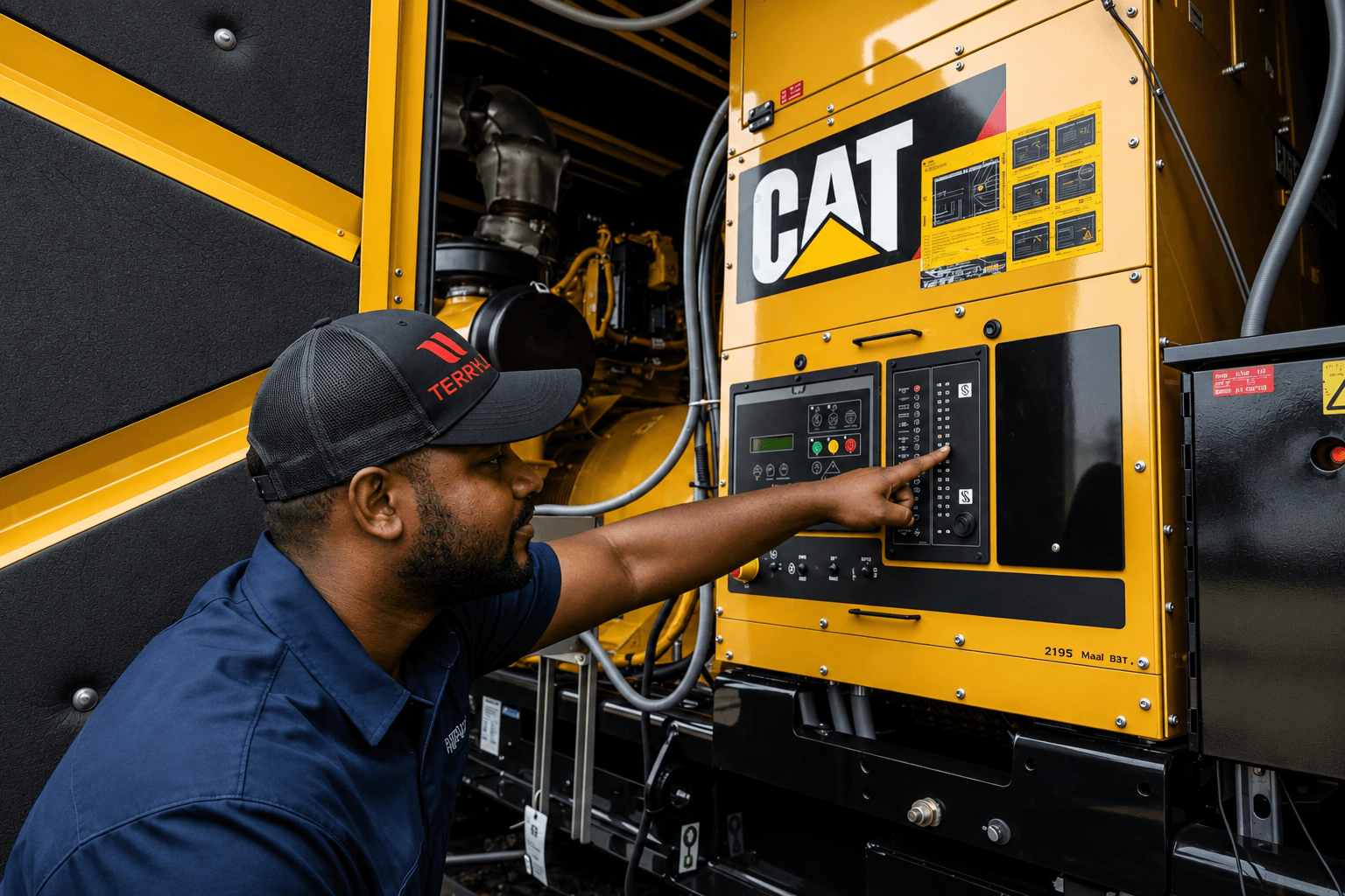 Terryl technician operating controls on an industrial generator