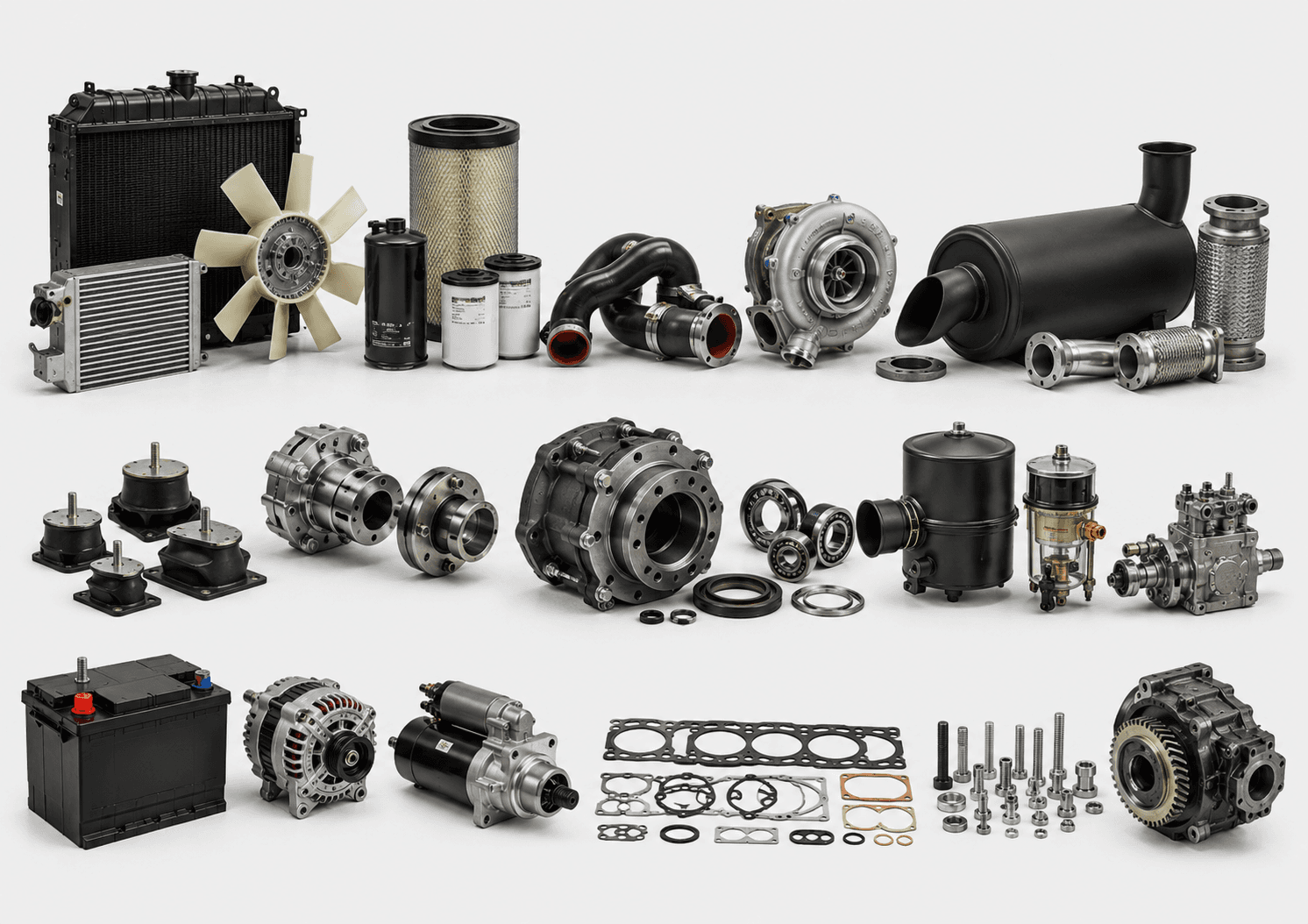 Mechanical service components including radiators, turbochargers, mounts, gaskets, bearings, and engine parts
