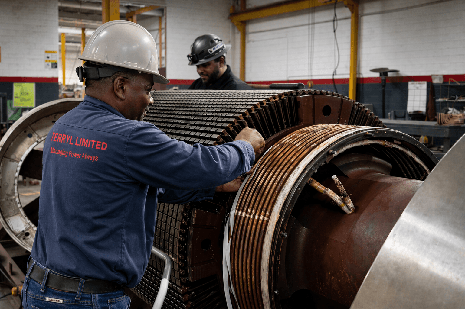 Terryl technicians servicing a large industrial machine rotor